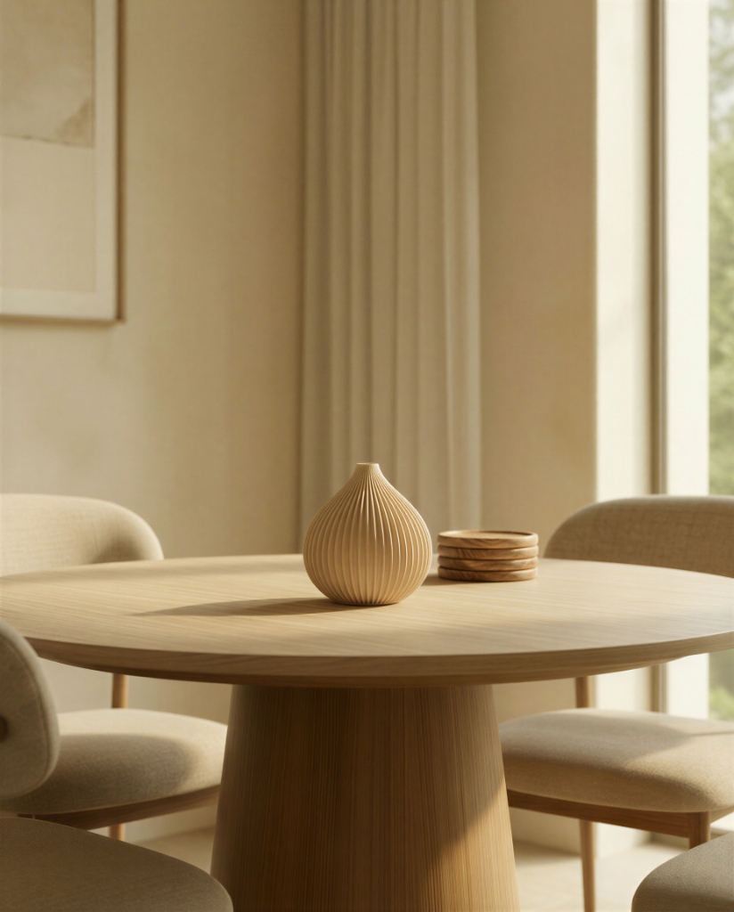 Minimalistische Vase auf einem Holzschrank